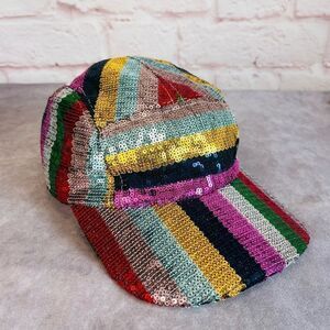 Maison Michel Paris Stripe Rainbow Colorful Nell Sequin Hat Baseball Cap M